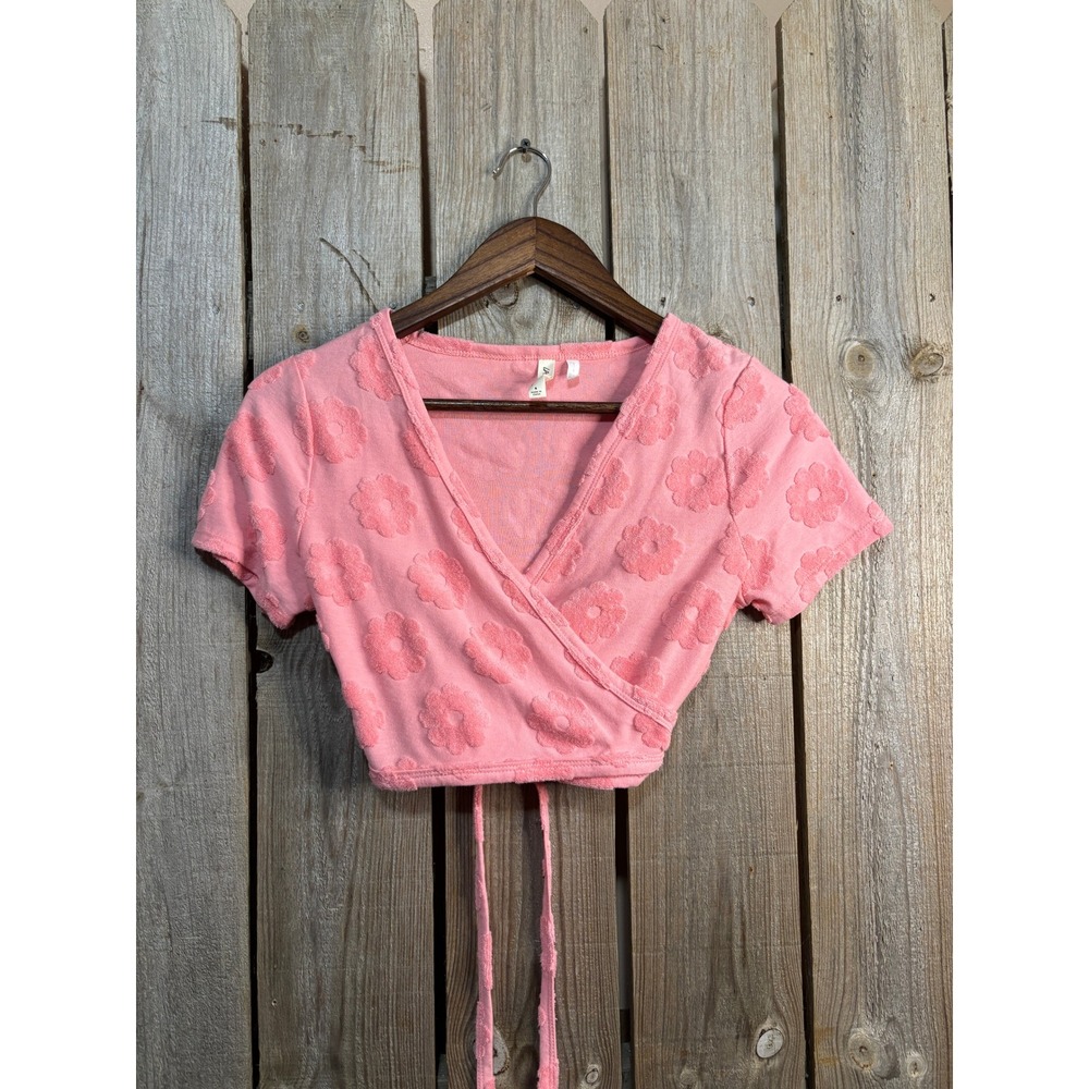 LA Hearts by PacSun Pink Textured Floral Wrap Crop Top‎ Short Sleeve Small